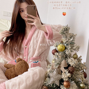 Pajamas Women's Oolong Peach Double-Sided Flannel Pajamas suit fleece-lined Thickened Coral Fleece Two-Piece Outfit Home Clothes