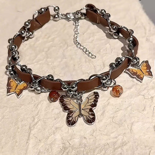 Vintage Brown Maillard Heavy Industries Butterfly Collar Female Niche Design High Sense Choker Distinctive Leather Necklace