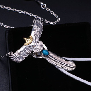 Indian Style S925 Sterling Silver Gold Eagle Turquoise Feather Pendant Necklace Too Corner Chain Overlapping Leather Rope Chain