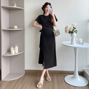 2024 summer new maternity pleated lace-up high stretch cotton knitted T-shirt long dress