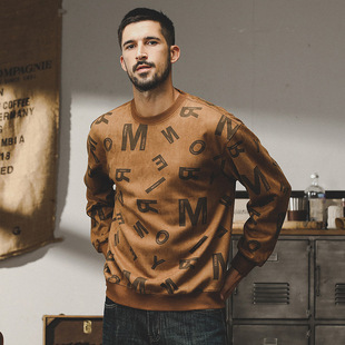 Jereno American retro heavy suede sweater men's autumn 2023 New loose thick printed T-shirt