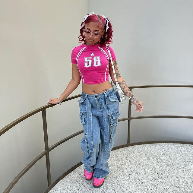 2025 Summer New European and American Women's Clothing Personalized Street T-Shirt Digital Printing Slim Round Neck Top
