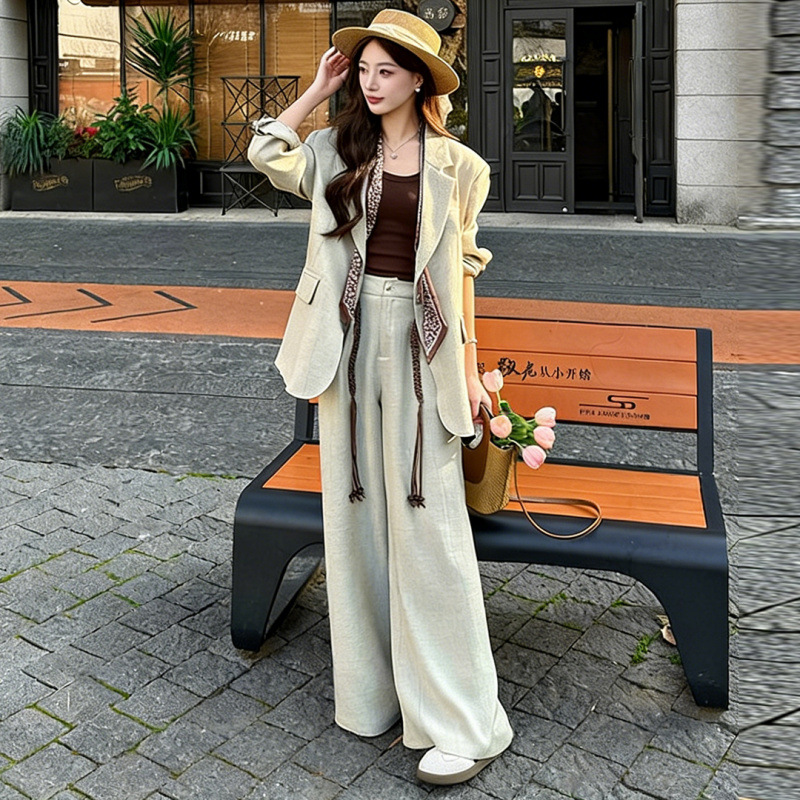 8126 In-Stock Spring New Korean Style Simple and Elegant Age-Reducing Slimming Suit Wide-Leg Pants Two-Piece Set with Silk Scarf