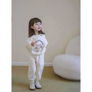 2024 new spring girls suit new Korean cute lapel rice white sweater casual pants two suit
