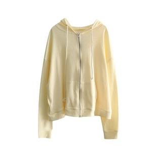 Power Factory Waffe Zipper Hooded Cardigan Women's Spring and Autumn New Loose Lazy Style Solid Color Outer Wear Top