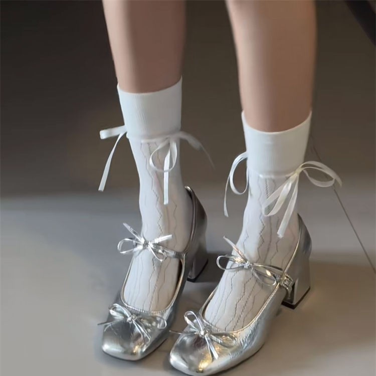 Chanel-Style Square-Toe Shallow Bowknot Leather Shoes for Women, Fashionable Versatile Trendy Chunky Heel Height-Increasing Single Shoes