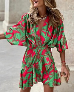 2025 cross-border independent station autumn bat sleeve v-neck hem irregular dress women's clothing