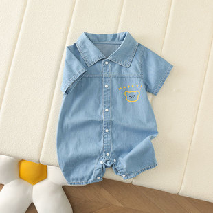 Summer Baby's Casual Foreign-style Lapel Bear Denim Baby's Short Hassel