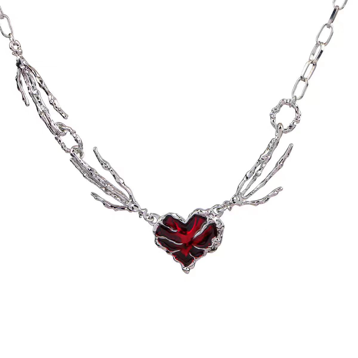 Dark punk style red heart claw necklace for women, exaggerated collarbone chain, sweet and cool hip-hop style accessory choker.
