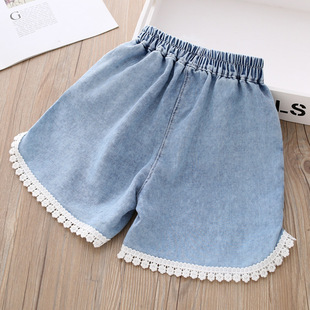 Girls' Denim Shorts Summer 2024 New Style Girl Lace Children's Hot Pants Outer Wear Summer Baby Pants