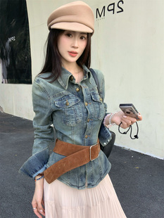 Hong Kong style retro blue Denim coat women's spring 2025 new design sense small shoulder waist slim top