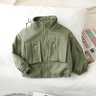 Boys' coat 2023 new winter clothes children's workwear jacket Army Green White fleece-lined stitching high-end Korean fashion