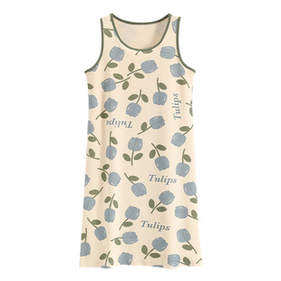 [With Chest Pad] Nightdress Women's Summer Pure Cotton Thin New Vest Skirt Casual Mid-length Pajamas Home Clothes