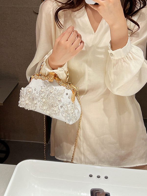 New pearl embroidered bamboo-joint handbag, antique style cheongsam banquet clutch, heavy-duty studded rhinestone beaded bag