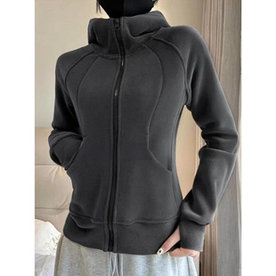 Heavy double-sided polar fleece lulu hooded cardigan sweater coat women's autumn and winter fleece-lined thick small