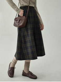 Kitajima French Retro High Waist Pleated Plaid Skirt Autumn and Winter Slimming Pleated A- Line Skirt