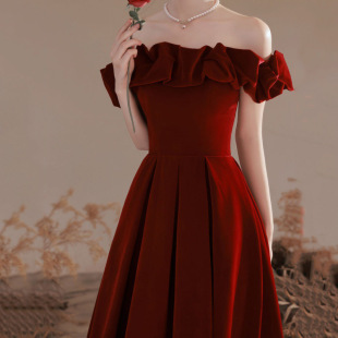 Off-shoulder toast dress 2024 new bridal wedding engagement wine red court style dress women can wear at ordinary times