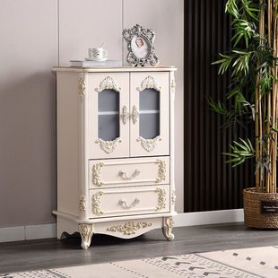 European Style Chest of Drawers with Open Door Bedroom Storage Cabinet Ivory White Paint Solid Wood Drawer Carved Light Luxury
