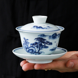 Yuerui retro blue-rimmed blue-and-white porcelain sancai bowl welcome pine single tea bowl health cup high-end companion gift