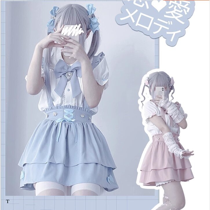 Light Blue Lace Angelic Style Mass-Produced Women's Lace Short-Sleeve Shirt + Suspender Skirt Set