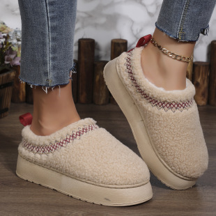 Thick Bottom Outer Wear Winter Baotou Half Slippers New Ethnic Style Lace Mao Mao Half Bracket Foreign Trade Snow Cotton Slippers