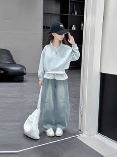 Girls' suit Spring 2025 New Arrival CUHK Children's Western Style Casual Lace Lace Collar Two-Piece Set