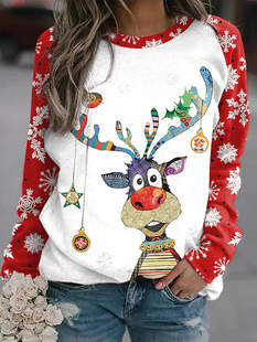 2023 European and American Foreign trade Christmas New Elk digital printing round neck long sleeve sweater women's loose casual top