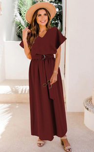 2024 European and American cross-border foreign trade new dress loose belt tight waist solid color large swing dress plus size one-piece dress