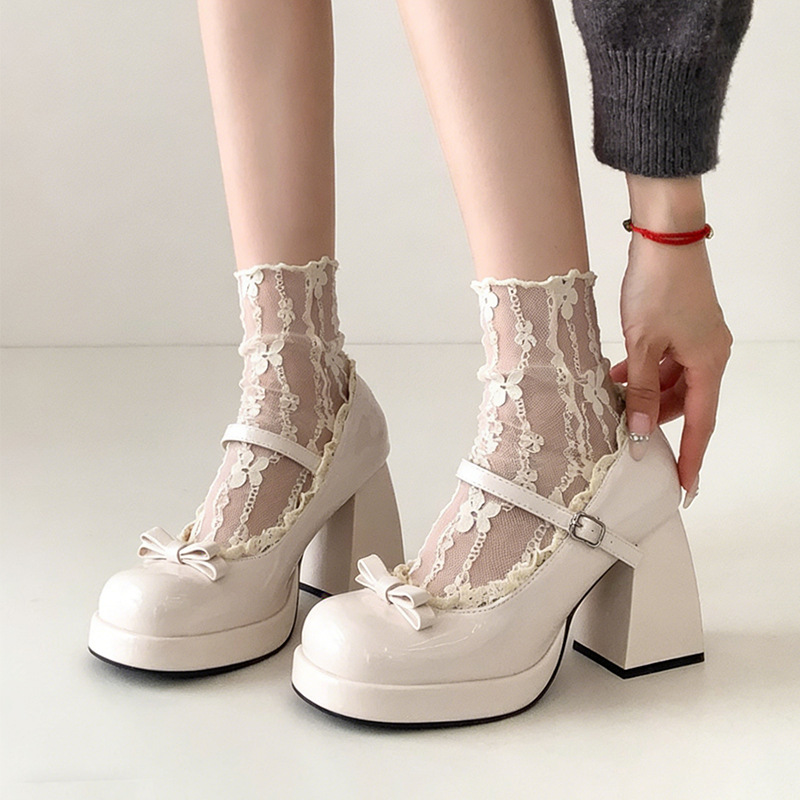 French-Style Lace Bow High-Heeled Shoes for Women, 2026 Spring New Model, Paired with Skirts, Japanese-Style Chunky Heel Mary Jane Leather Shoes