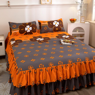 Solid Color New Entry Light Luxury Simple Embroidered Single Bed Skirt Bed Cover Bed Sheet Non-slip Bed Cover Four Seasons Princess Style Single Piece