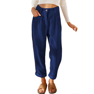 2023 Amazon Autumn New Women's High Waist Casual Pants European and American Solid Color Corduroy Loose Straight Pants Women
