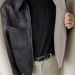 Houndstooth Neli Hunting Leather Jacket Men's Spring and Autumn American Style Retro High-end Loose All-match Lapel Jacket