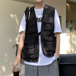 Workwear sleeveless vest men's spring and summer Harajuku trendy loose casual Japanese multi-pocket vest jacket