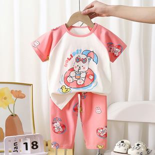 Children's Short-sleeved suit Summer New Style Pure Cotton Boys' Pajamas Girls' Baby Air-conditioning Clothes Class A Summer Clothes Children's Clothing