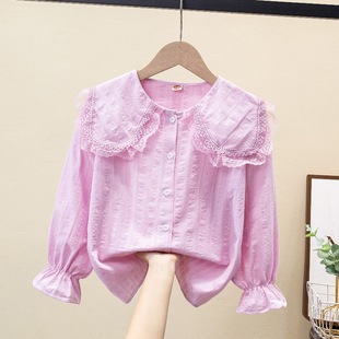 Spring 2024 Spring Children's Shirt Girls French Lace Collar White Shirt Women Treasure Design Long Sleeve Shirt