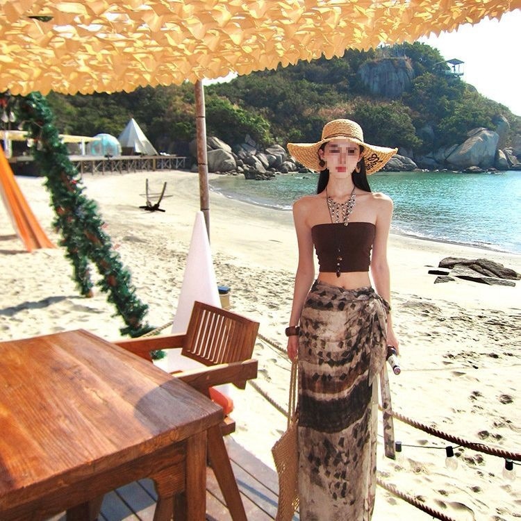 Lazy Vacation Style Hot Girl Tube Top Camisole Irregular Skirt Two-Piece Set Island Outfit Ootd Beach Dress