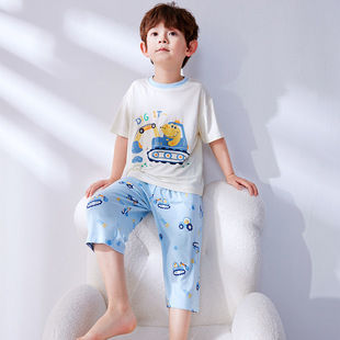 2025 Children's Pajamas Boy's Summer Thin Modal Boy's Baby's Short-Sleeved Capri Pants Youkosi Home Clothes