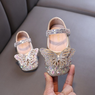 Autumn 2025 New Lady Baby Girl Girl Princess Diamond Shoes Leather Shoes Dance Shoes