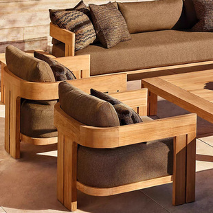 Nordic Leisure Outdoor Teak Sofa Courtyard Garden Sun Protection Sofa Chair Open-Air Solid Wooden Chair for Three-Person Hotel Homestay