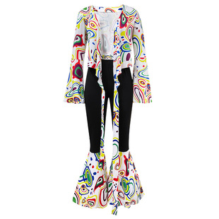 70/80 Vintage Disco suit Adult Women's White Printed Long Sleeve Trousers Two-piece Performance Suit for Women