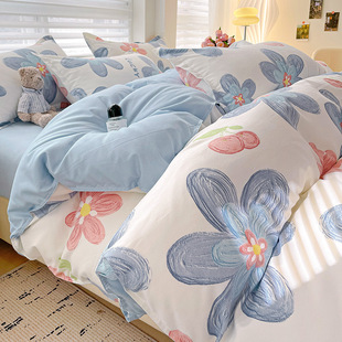 Ins Style Pure Gung Cotton Twill Washed Cotton Student Dormitory Three-piece Four-piece Set Thickened Sanding Bed Sheet Quilt Cover Pillowcase