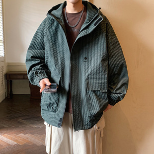 Spring 2024 New Ins Hong Kong Style Hooded Jacket Men's Loose Fashionable Couple's Bubble Plaid Student Jacket for Men