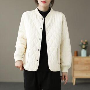 2024 Autumn and Winter New Cotton Thickened Warm Solid Color Small Cotton Coat Jacket Vintage Loose Diamond Plaid Cotton-padded Jacket