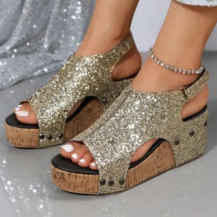 2023 Summer Cross-border Shiny Women's Sandals with Thick Sole Wedge Fish-mouth Large Size Foreign Trade Amazon Buckle Sandals