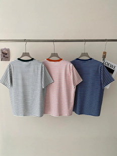 2025 Summer New Style R Style Contrast Color Striped Women's Round Neck Short-sleeved T-shirt Loose Comfortable Sports Casual Half-sleeved T-shirt