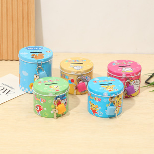 Round tinplate storage tank children with lock piggy bank household change storage box toy gift cross-border wholesale