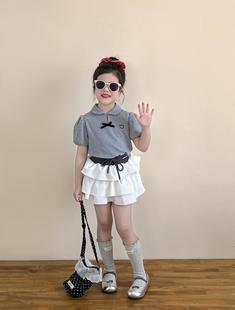 Girls Summer Grey Embroidered Love Doll Collar Polo Shirt Bubble Short-sleeved T-shirt White Layer Cake Skirt