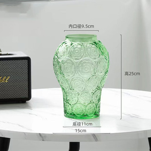 Chinese Retro Relief Vase Silver Lotus Vase High-grade Light Luxury Thickened Glass Vase Living Room Flower Arranging Art Ornaments