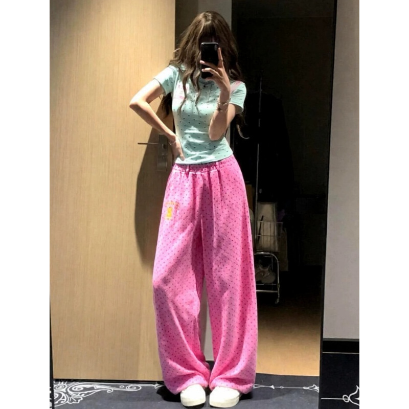 Plus-Size Dopamine Polka Dot Print 150kg Sweatpants for Women, Summer Thin Loose Drape Jazz Dance Sports Pants