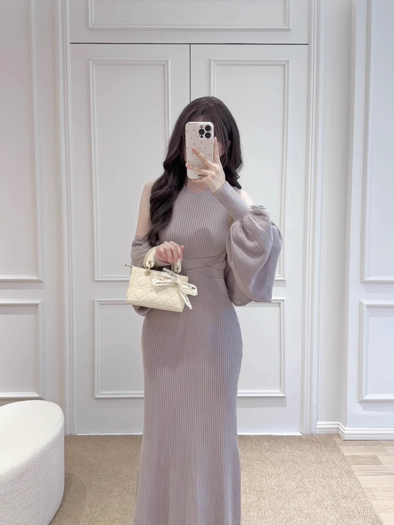 Doyli Chestnut | Temperament Pure Desire Sakura Girl Slim Fit Ribbed 4Way Knitted Dress Two-Piece Set